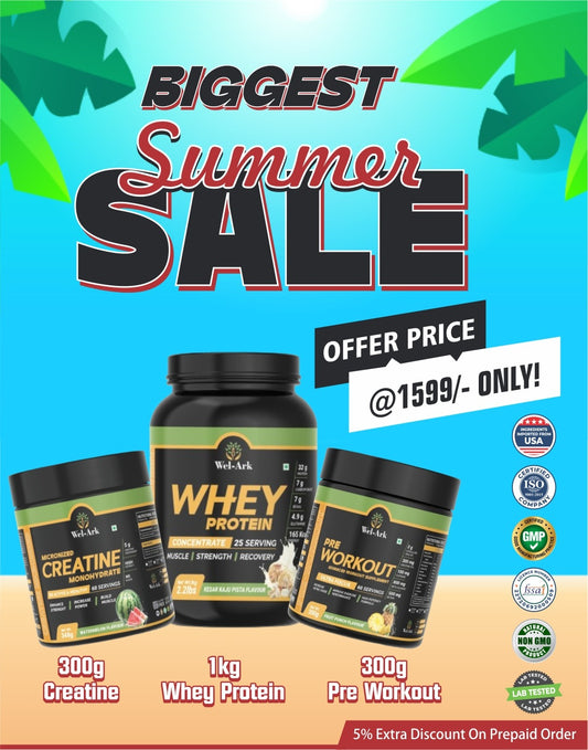 WHEY PROTEIN + CREATINE  + PRE WORKOUT BIGGEST SUMMER SALE COMBO